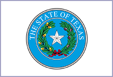 A blue and white seal with the state of texas in it